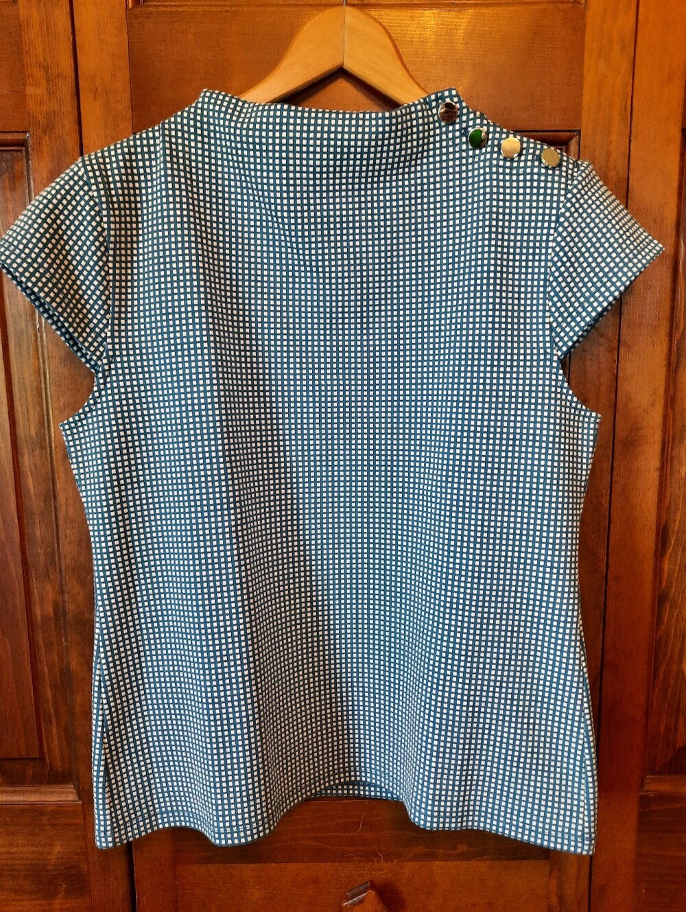 🛍 NWT Ann Taylor Retro Mod Mockneck Blue Gingham Plaid Cap Sleeve Top Size MP